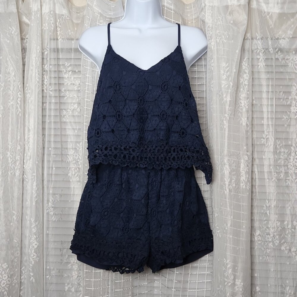 New With Tags J.O.A Navy Blue Sleeveless Eyelet Lace Open Back Romper SzM